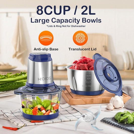 A6406, 500W Powerful Electric Food Processor with 8 Cup Stainless Steel & Glass Bowls